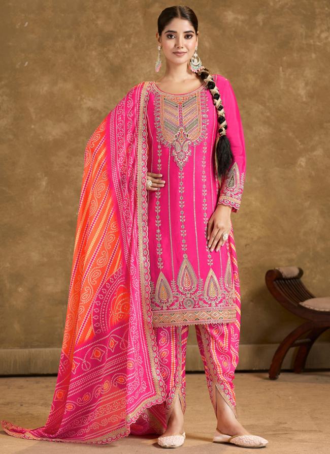 Chinnon Pink Wedding Wear Embroidery Work Readymade Afghani Pant Suit